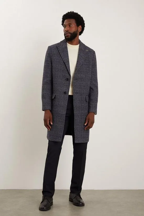 Navy Wool Blend Checked Overcoat