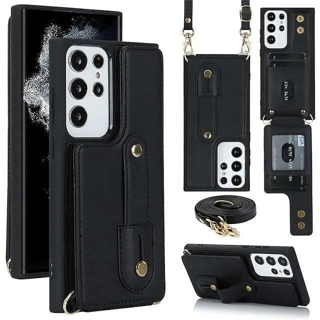 Phone Case For Samsung Galaxy Back Cover Leather S23 Ultra Plus A73 A53 A33 A23 A13 with Stand Bumper Frame with Adjustable Neck Strap Solid Colored PU Leather