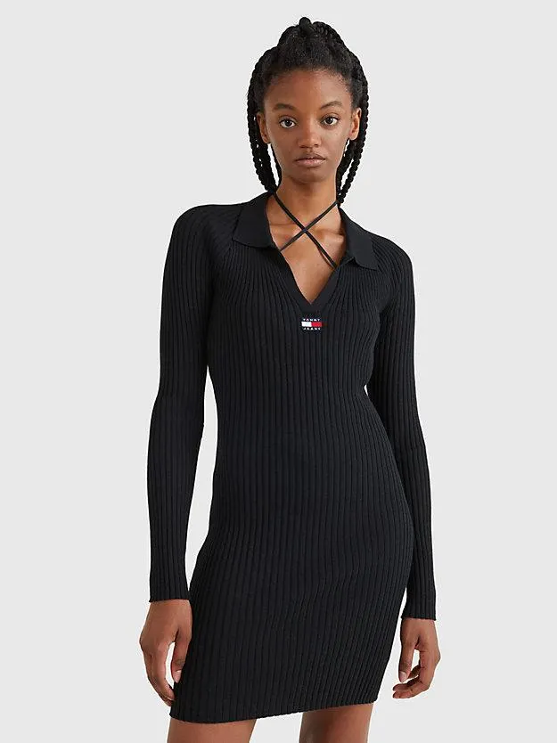Badge Rib Knit V-Neck Sweater Dress