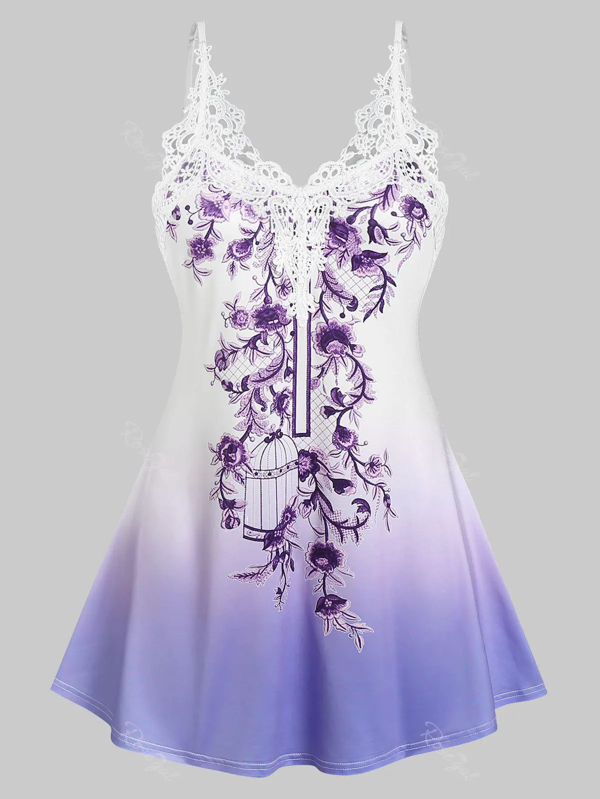 Plus Size Floral Print Ombre Color Lace Panel Tank Top - L