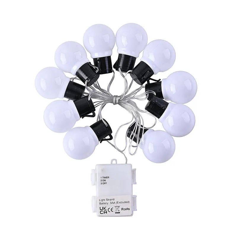 Set of 10 White Bulb String LED Lights (3AA Timer IP44 Battery Box,Excl.) - White