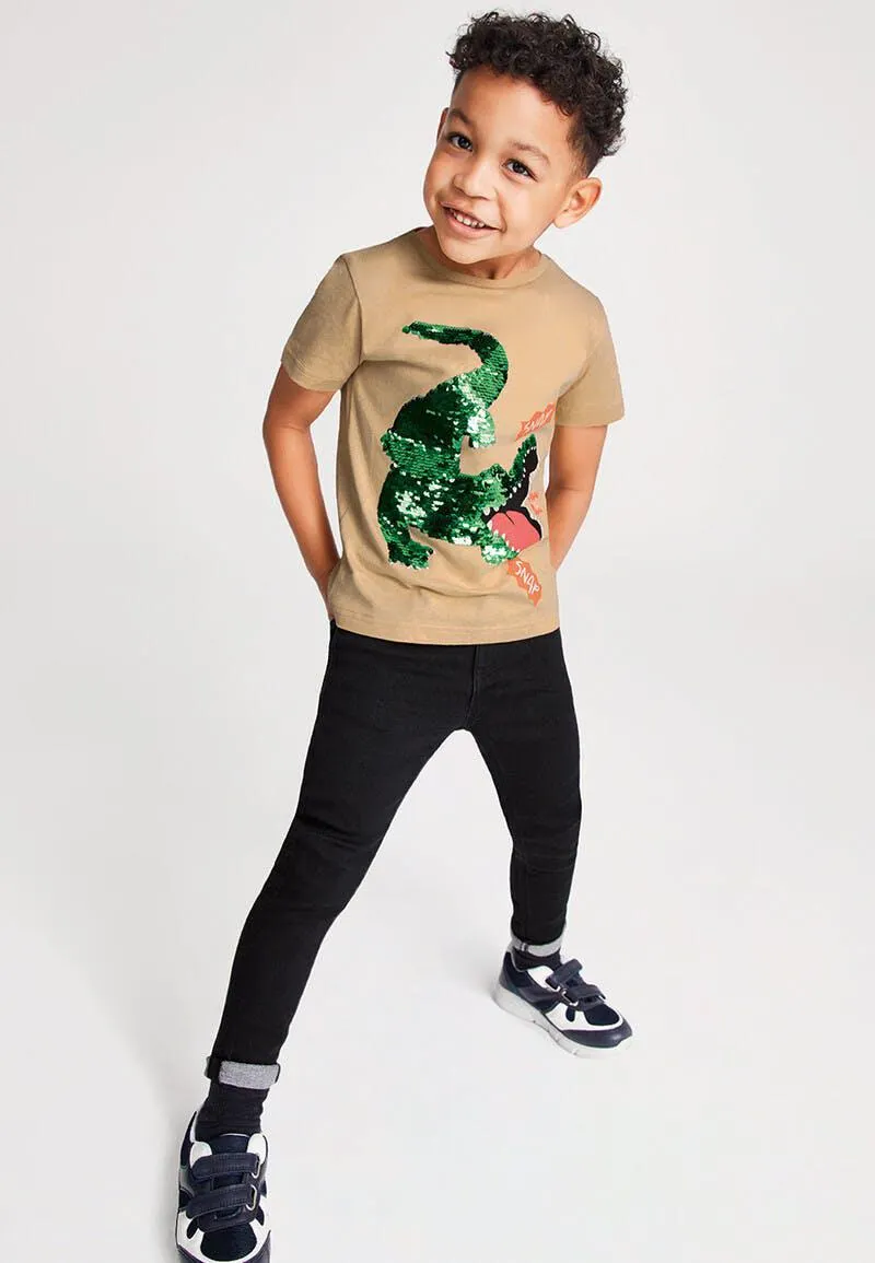 Younger Boys Tan Crocodile Sequin T-Shirt