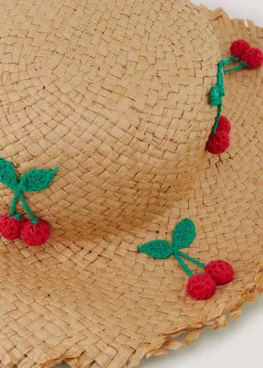 Girls Natural Cherry Straw Sun Hat (7-13yrs) - Age 7-10 Years