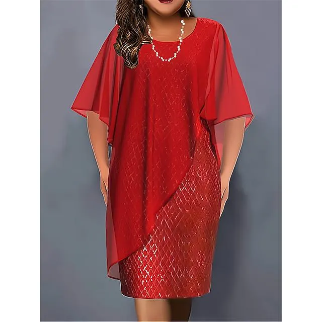 Women's Plus Size Curve Party Dress Sequin Dress Cocktail Dress Plain Midi Dress Half Sleeve Ruffle Patchwork Crew Neck Fashion Party Red Fall Winter L XL XXL 3XL 4XL