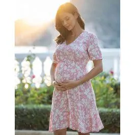 Pink Floral Drawstring Maternity & Nursing Dress