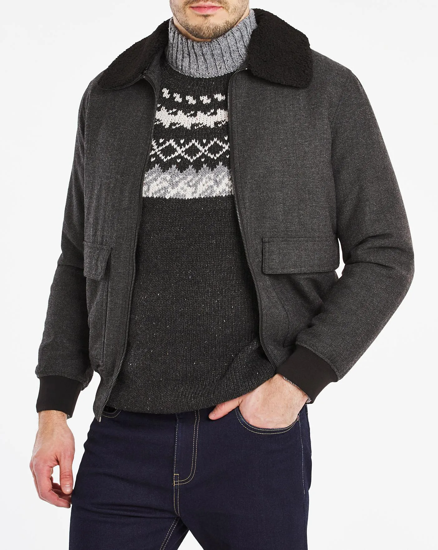 Charcoal Wool Blend Borg Collar Jacket