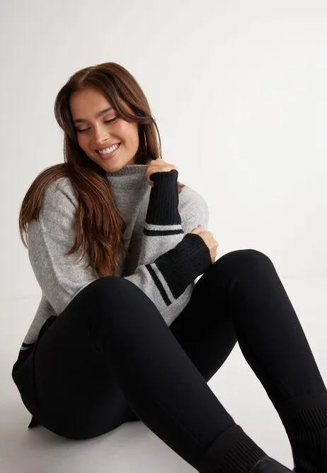 Womens Grey & Black Colour Block Jumper