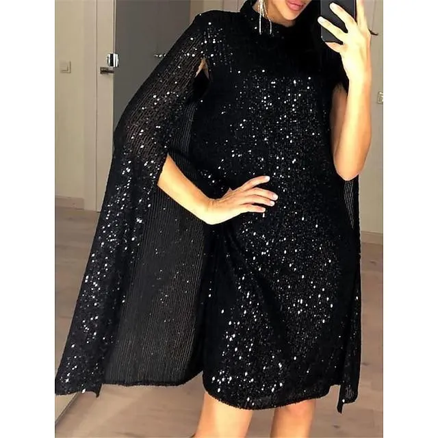 Women's Party Dress Sequin Dress Cocktail Dress Mini Dress Black Long Sleeve Pure Color Sequins Spring Fall Winter Stand Collar Fashion Wedding Guest Vacation Summer Dress 2023 S M L XL XXL 3XL