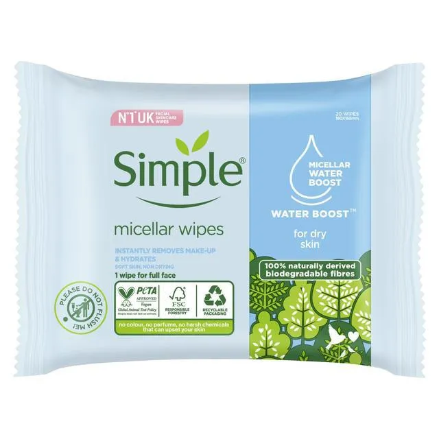 Simple Kind to Skin Micellar Biodegradable Cleansing Wipes 20 per pack