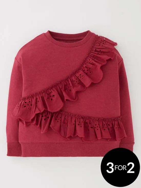 Girls Burgundy Broderie Frill Sweater