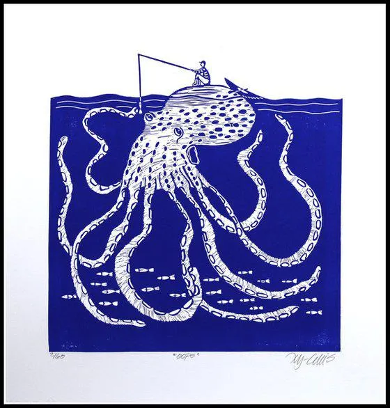 Oops, square linocut (2023)