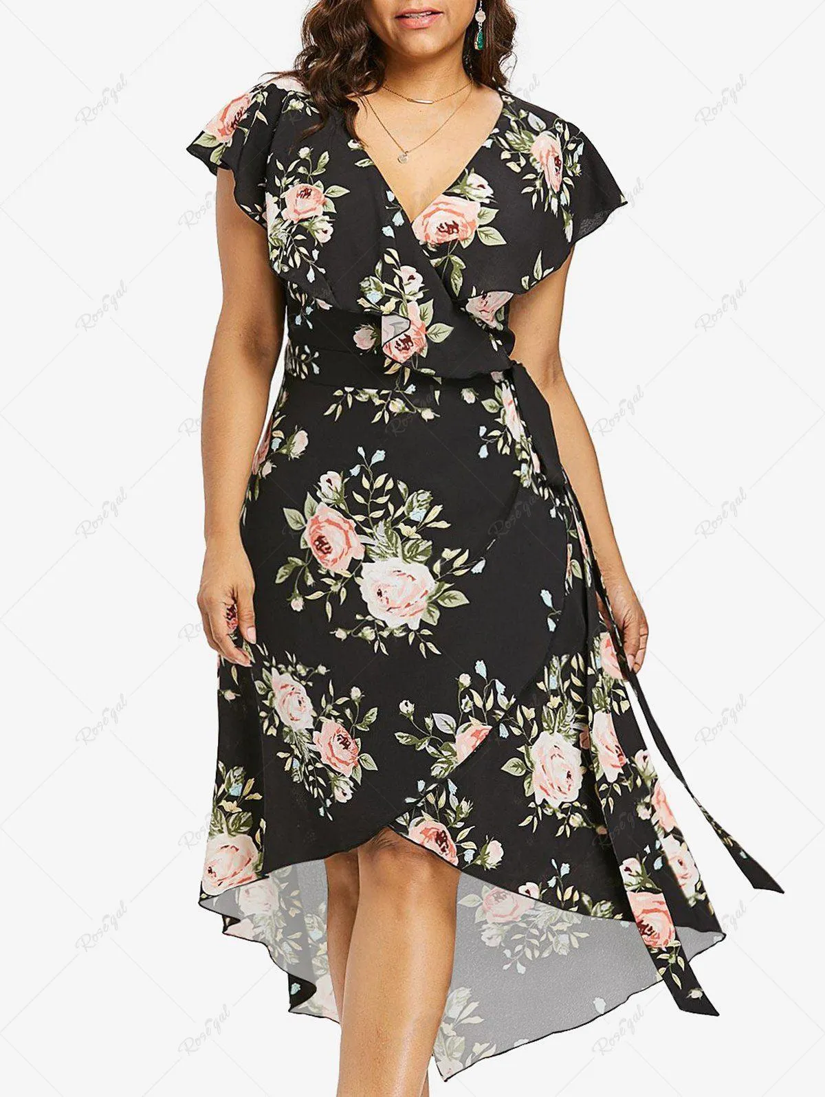 Plus Size Chiffon Floral Print Tied Asymmetric Dress - 2x | Us 18-20