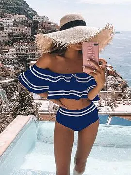 Blue Off Shoulder Ruffle Trim Bikini Set