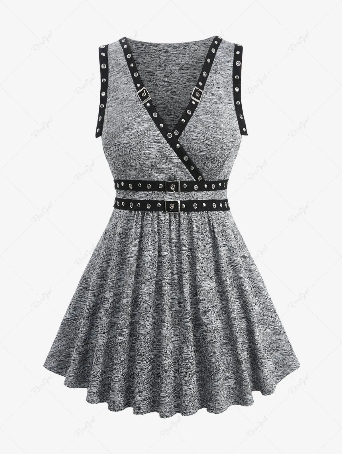 Plus Size Jacquard Hollow Out Heathered Contrast Piping Buckle Grommet Surplice Tank Top - 1x | Us 14-16