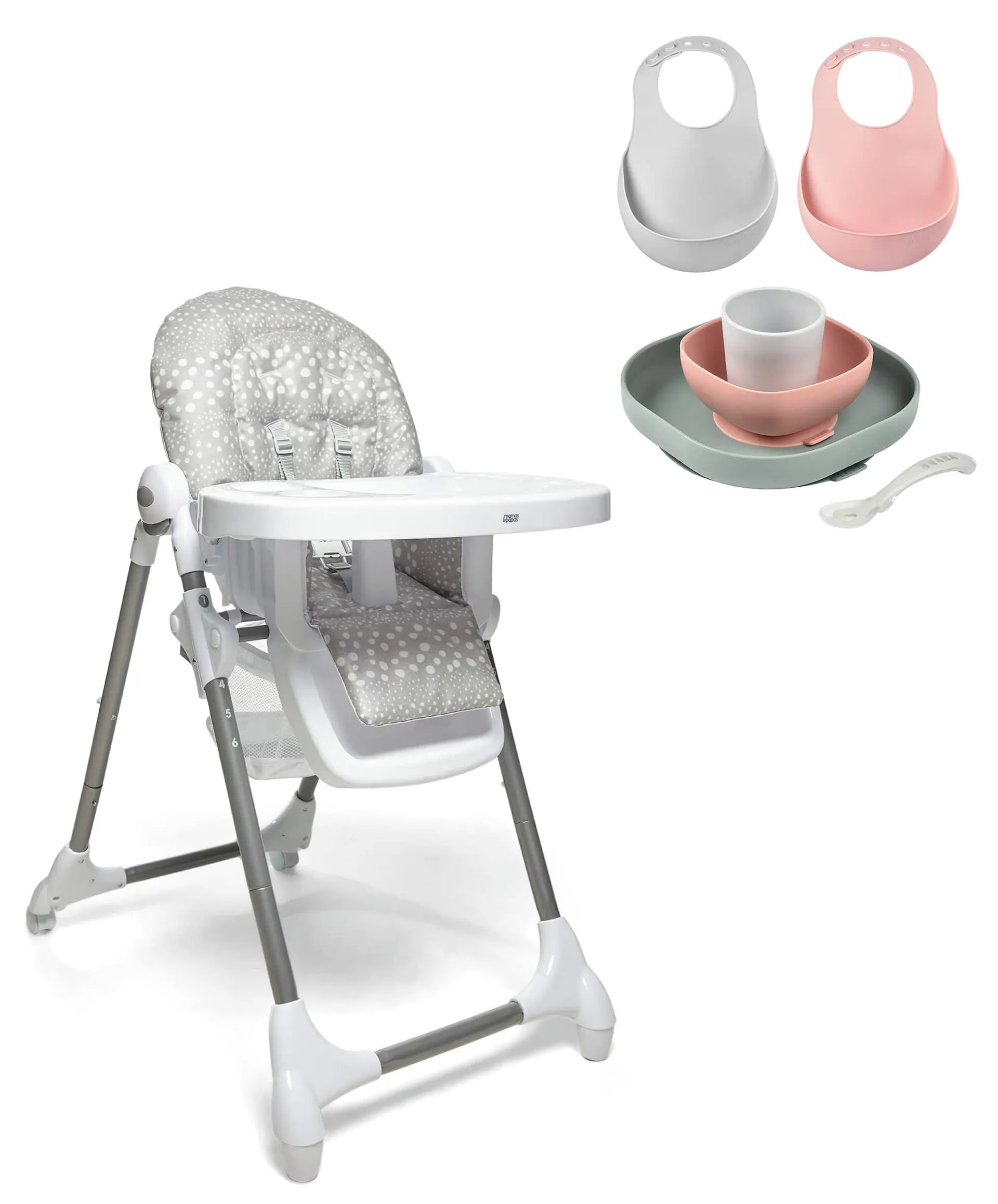 Snax Adjustable Grey Spot Highchair & Beaba Meal Set with Silicone Bibs - Eucalyptus/Pink