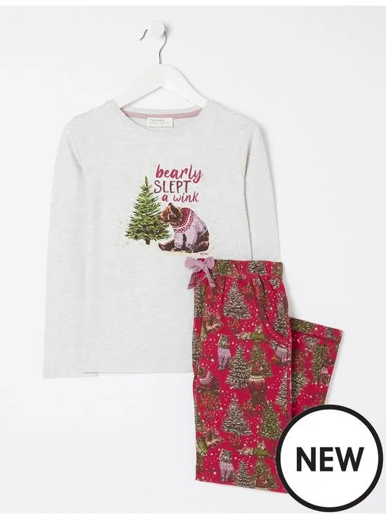 Girls Bearly Slept Christmas Pyjama Set - Pink