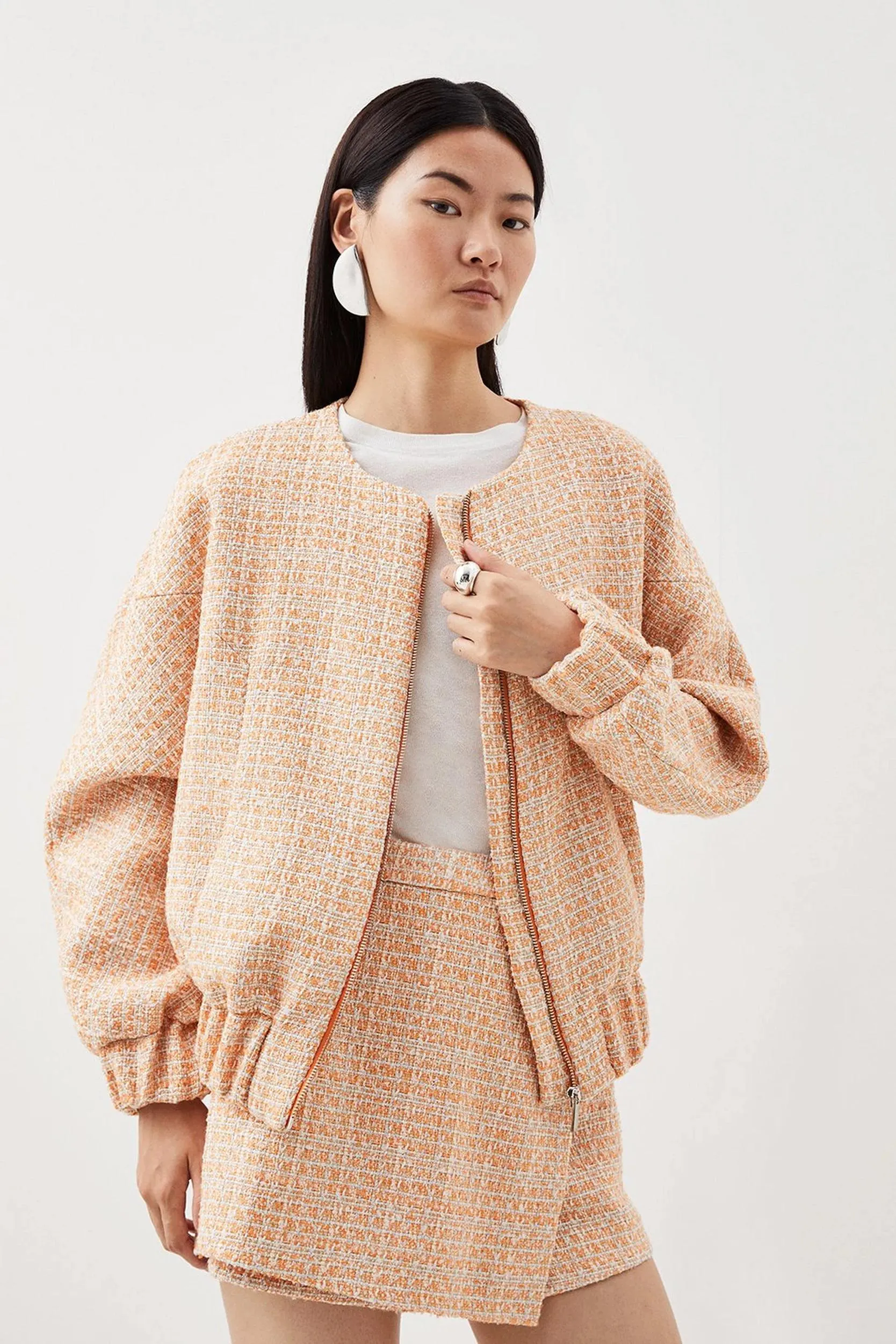 Tailored Orange Sparkle Boucle Bomber Jacket