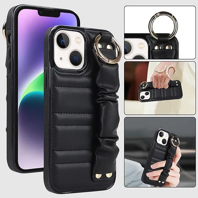 Phone Case For Apple iPhone 14 Pro Max Plus 13 12 11 Mini X XR XS 8 7 Back Cover Ring Holder with Wrist Strap Shockproof Solid Color TPU PU Leather