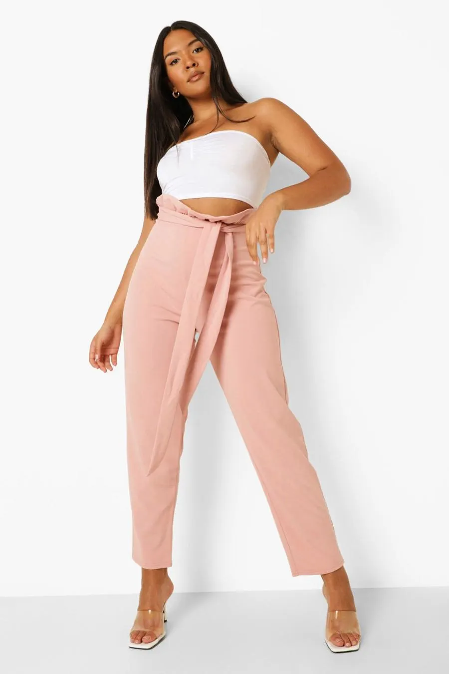 Plus Paper Bag Belted Tapered Trousers