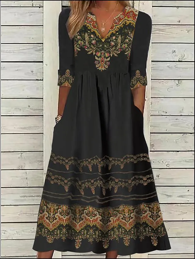 Women's Casual Dress Ethnic Dress Summer Dress Floral Tribal Pocket Print Split Neck Midi Dress Vintage Ethnic Outdoor Daily Half Sleeve Regular Fit Black And White Black Wine Summer Spring S M L XL