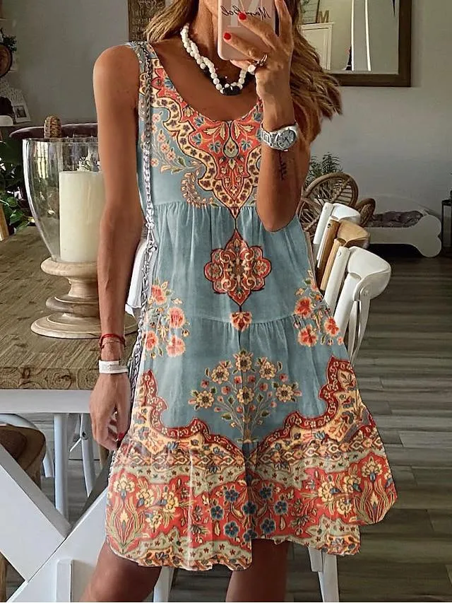 Women's Casual Dress Sundress Tank Dress Floral Ruched Print U Neck Midi Dress Active Tropical Outdoor Vacation Sleeveless Regular Fit Pink Blue Orange Summer Spring S M L XL XXL