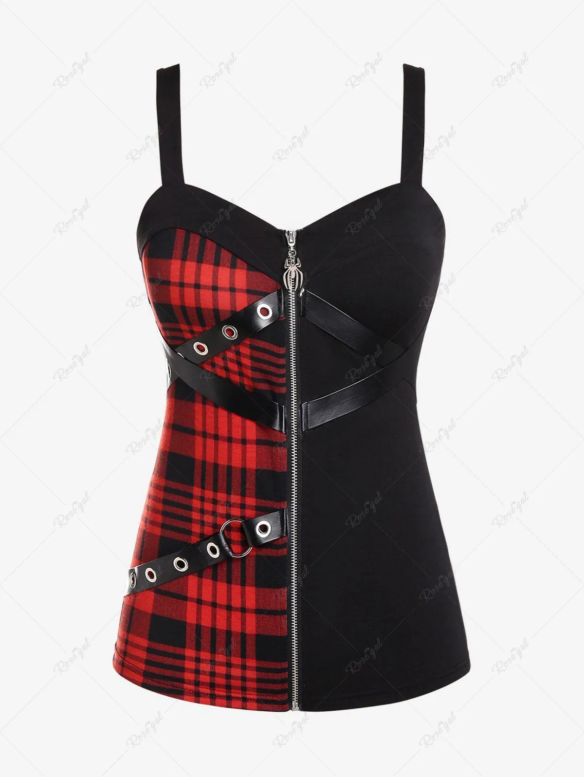 Gothic PU Leather Stripes Plaid Zipper Tank Top - 1x | Us 14-16
