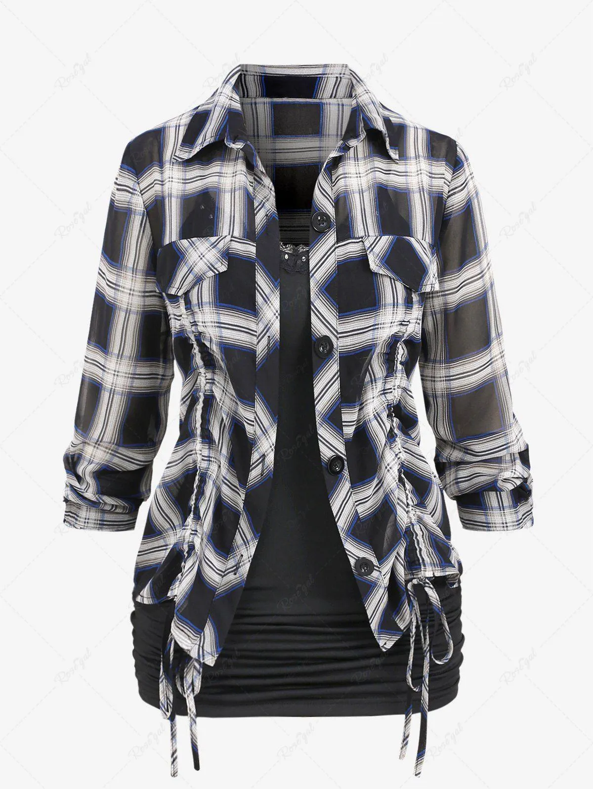 Plus Size Lace Trim Cami Top and Cinched Buttons Plaid Blouse - L | Us 12