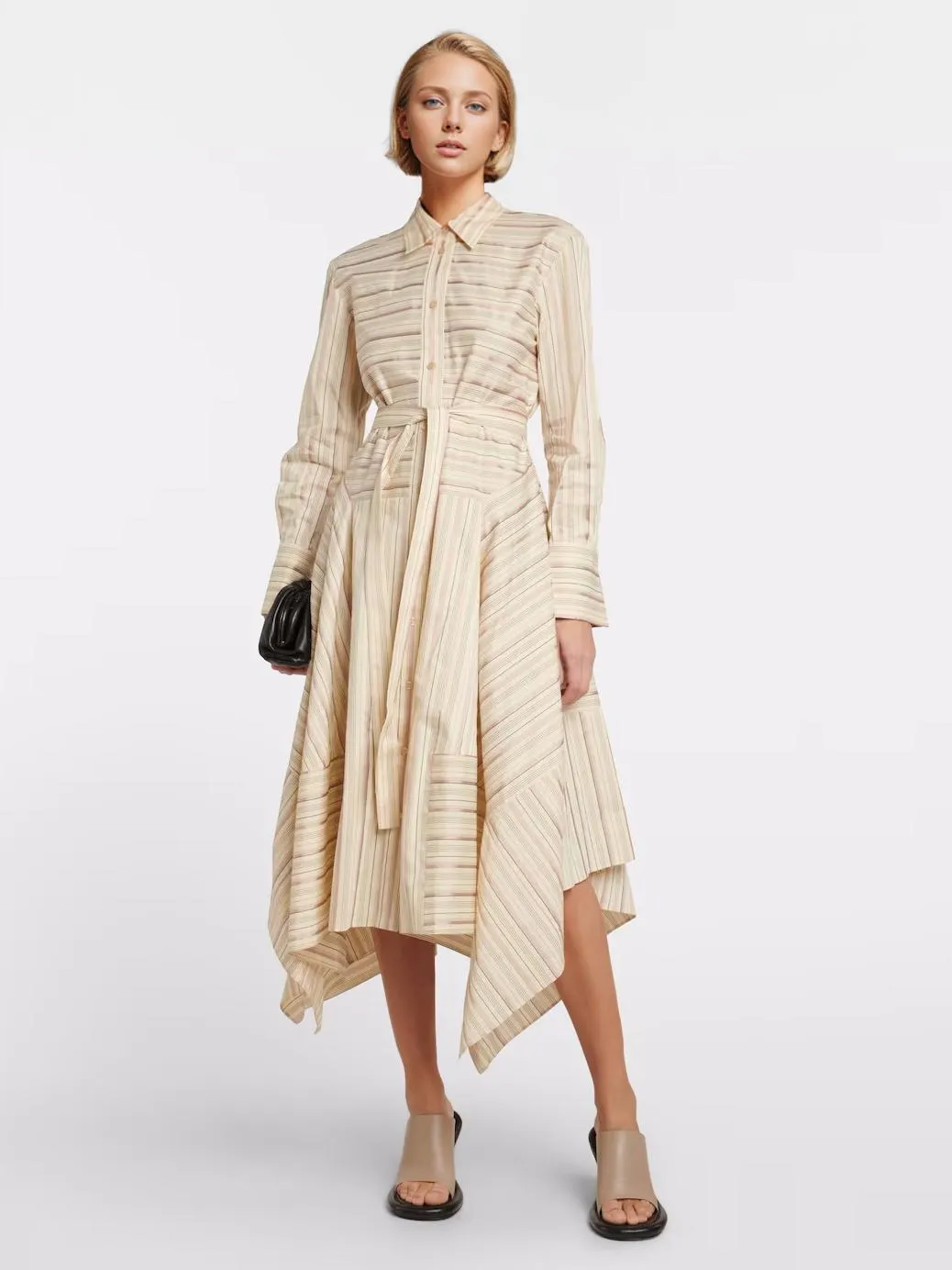 Shirt Dresses Apricot Turndown Collar Lace Up Long Sleeves Polyester Stripes Knotted Dresses Midi Dress