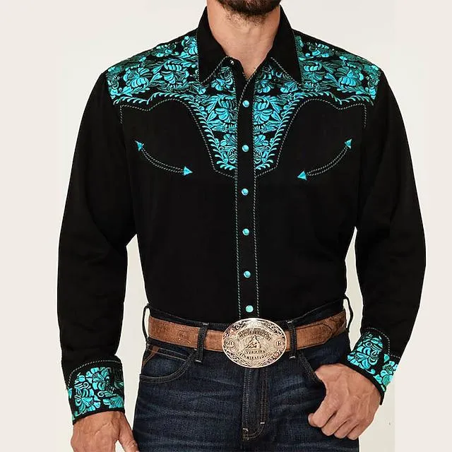 Men's Shirt Western Shirt Floral Graphic Prints Turndown Red Blue Purple Green Gray Outdoor Street Long Sleeve Button-Down Print Clothing Apparel Fashion Designer Casual Soft
