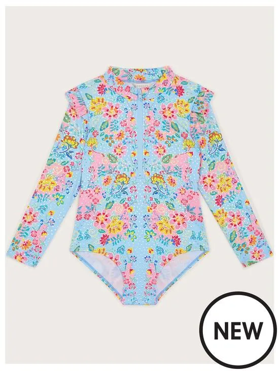 Girls Foil Floral UPF50 Long Sleeve Swimsuit - Blue