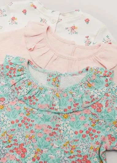 Baby 3 Pack Multicoloured Ribbed Long Sleeve T-Shirts (Newborn-23mths) - Newborn