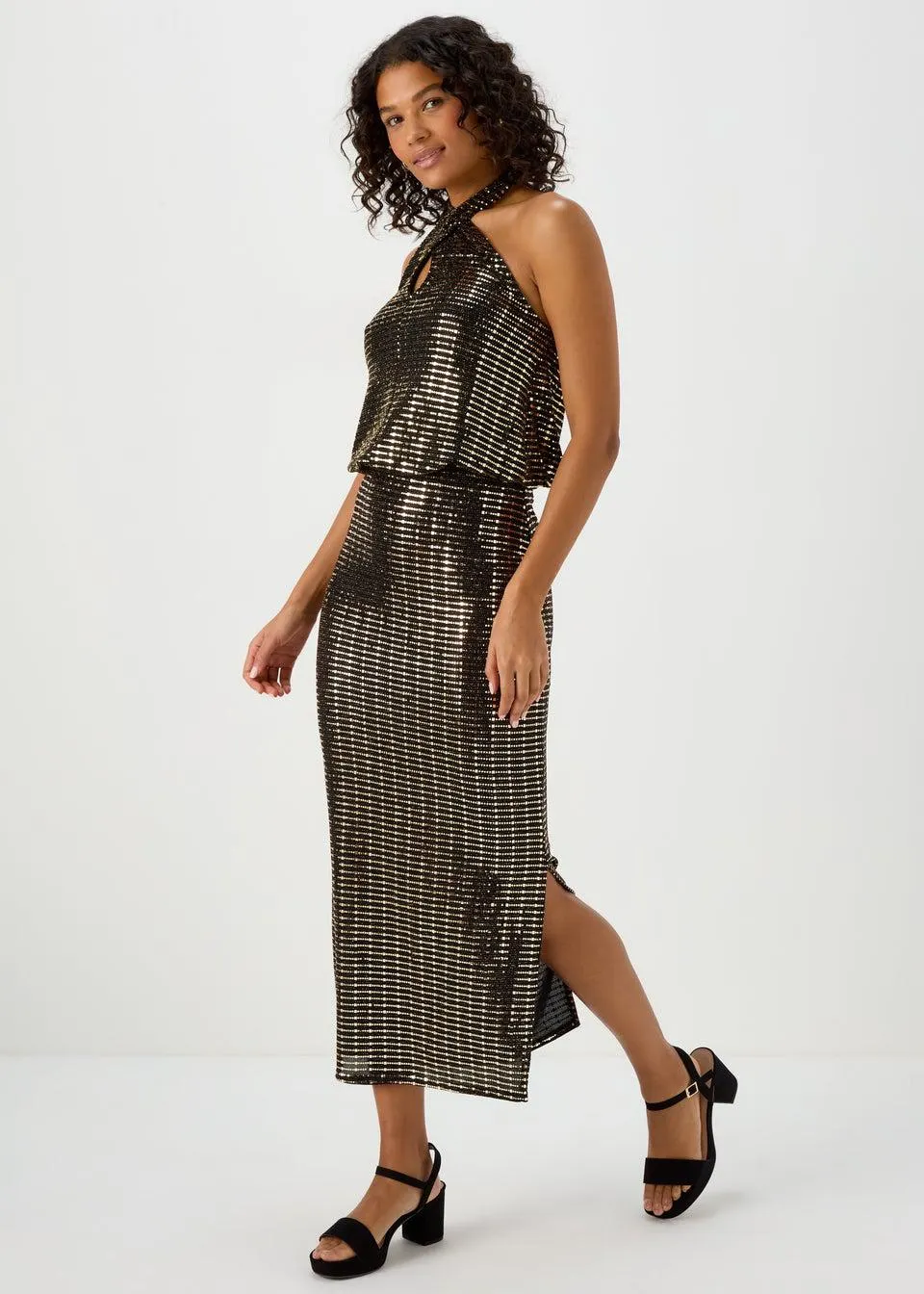 Et Vous Black & Gold Sequin Midi Skirt