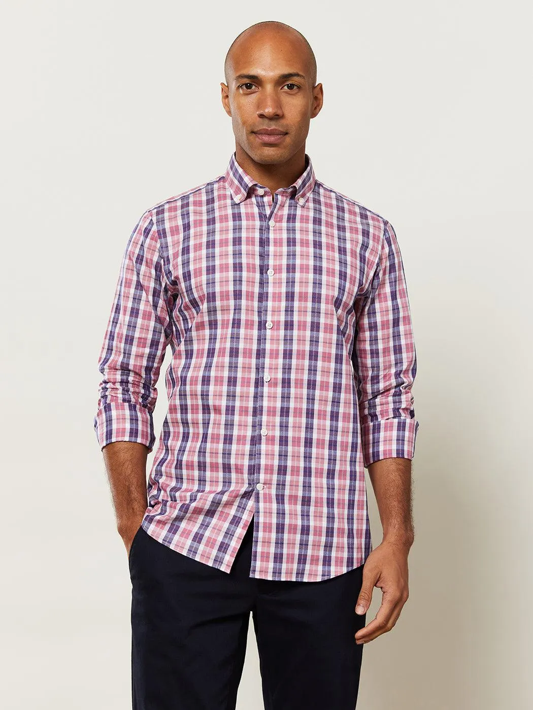 Slim Fit Bold Check Navy Pink Shirt