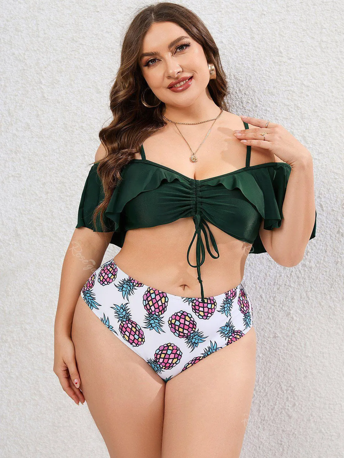 Plus Size Ruffle Pineapple Print Cinched Ruched Full Coverage Bikini Swimsuit - 4x | Us 26-28