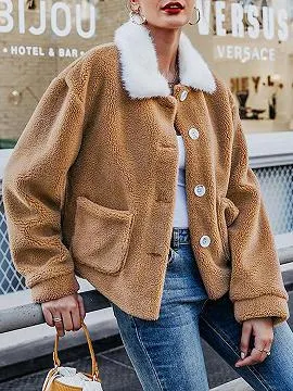 Light Brown Lapel Neck Long Sleeve Fluffy Jacket