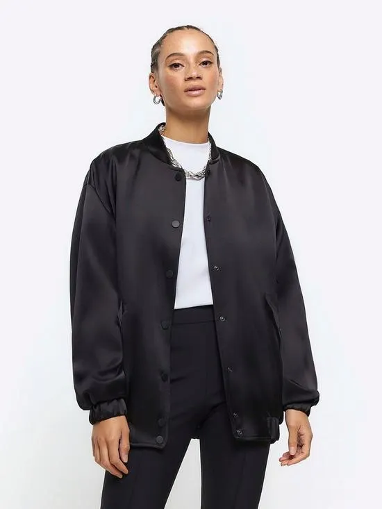 Oversized Satin Bomber - Black