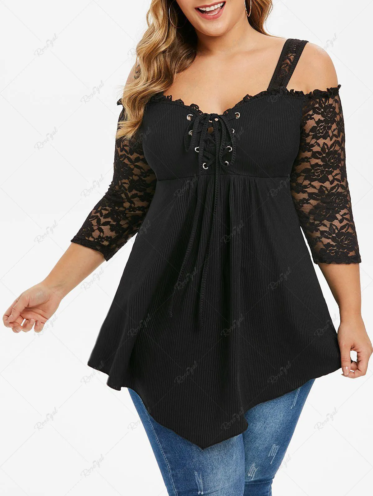 Plus Size Lace-up Ribbed Floral Lace Cold Shoulder T-shirt - 2x | Us 18-20