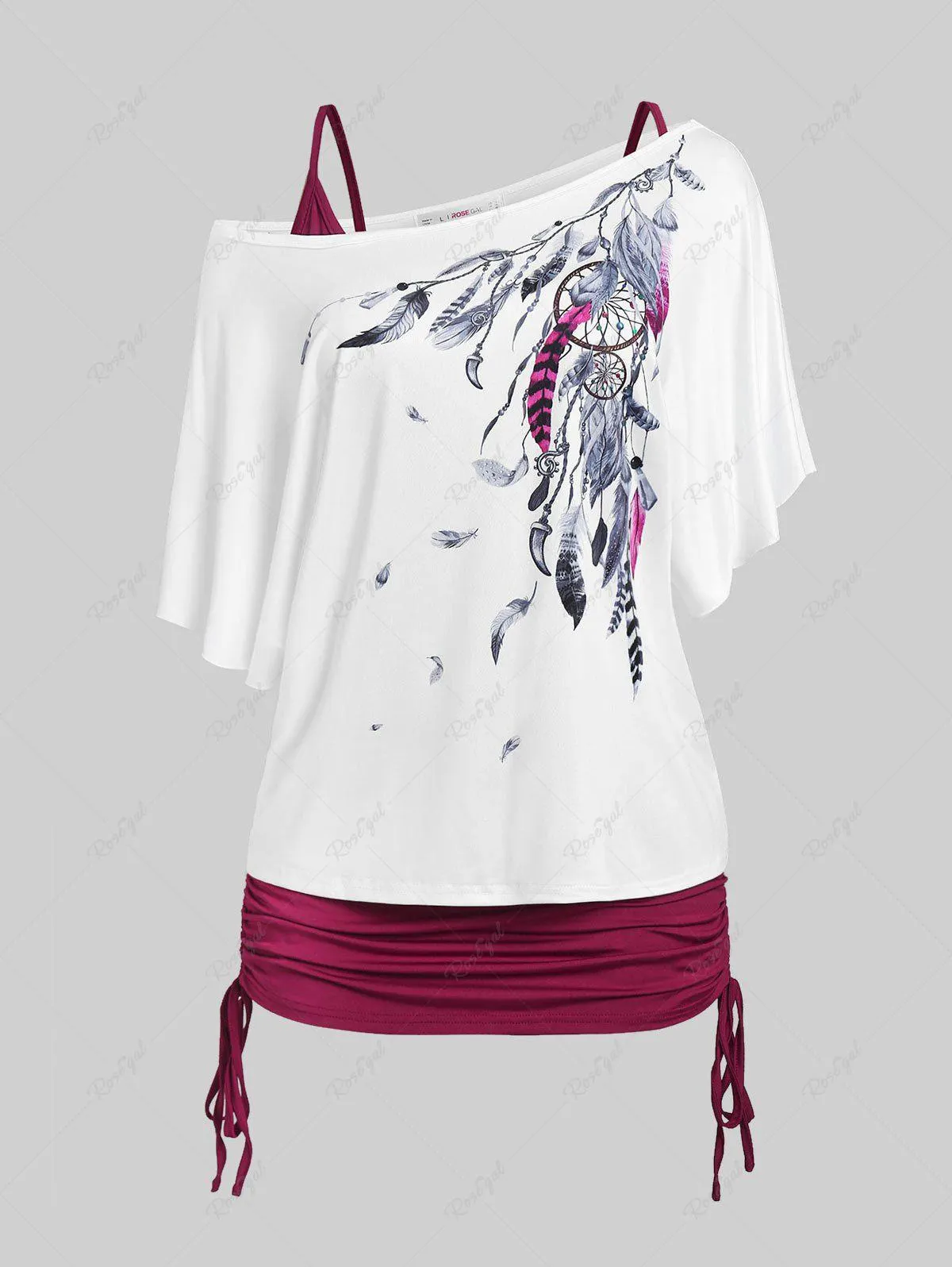 Plus Size Batwing Sleeve Dreamcatcher Print Skew Neck Tee and Cinched Tank Top Set - 4x | Us 26-28