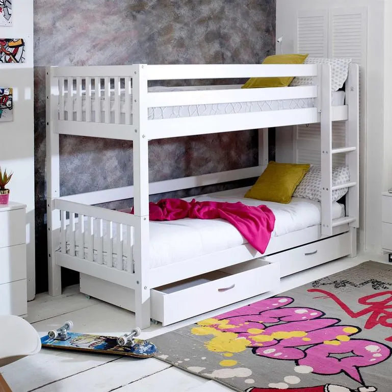 White Wood Children's Single Bunk Bed With 2 Drawers
