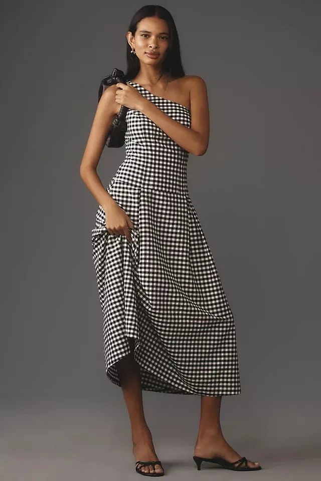 Ciina One-Shoulder Gingham Midi Dress