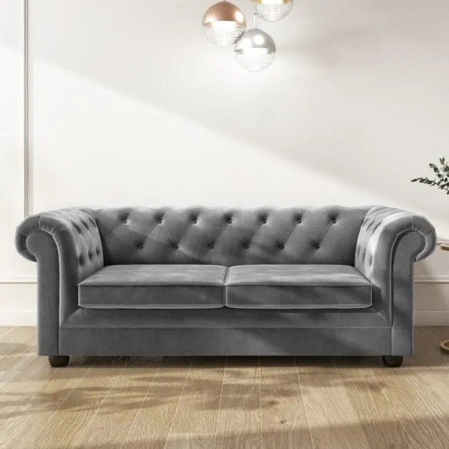 Grey Velvet Chesterfield Pull Out Sofa Bed - Seats 3 - Bronte