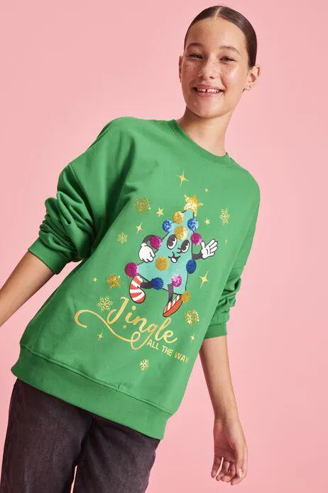 Older Girls Green Xmas Tree Cartoon Jumper