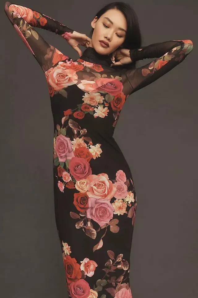 AFRM Mock-Neck Long-Sleeve Printed Midi Dress