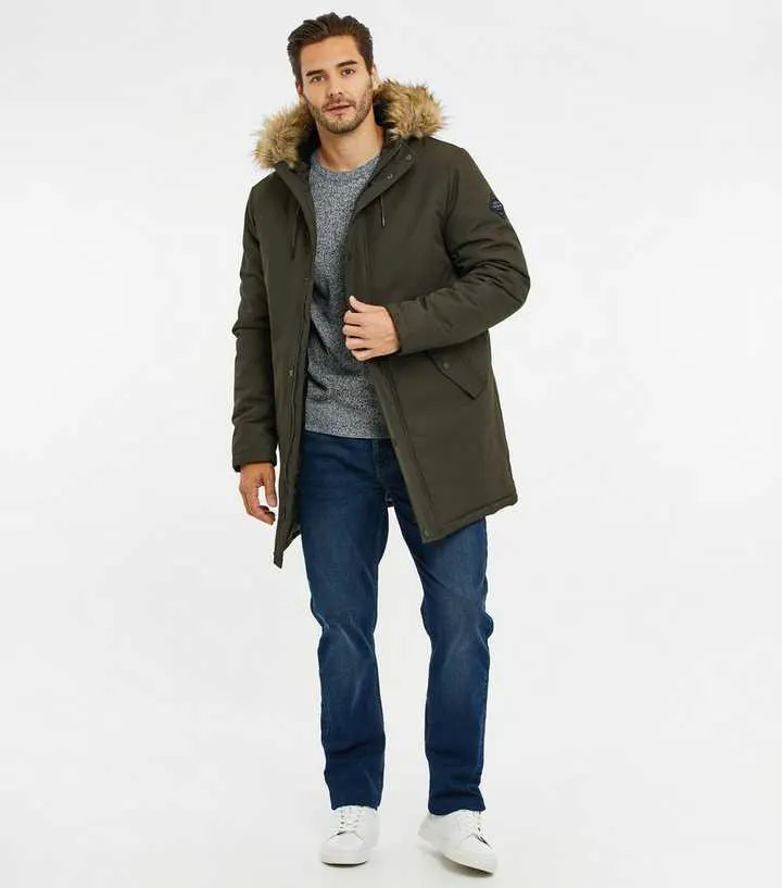 Threadbare Khaki Faux Fur Trim Hooded Parka Jacket