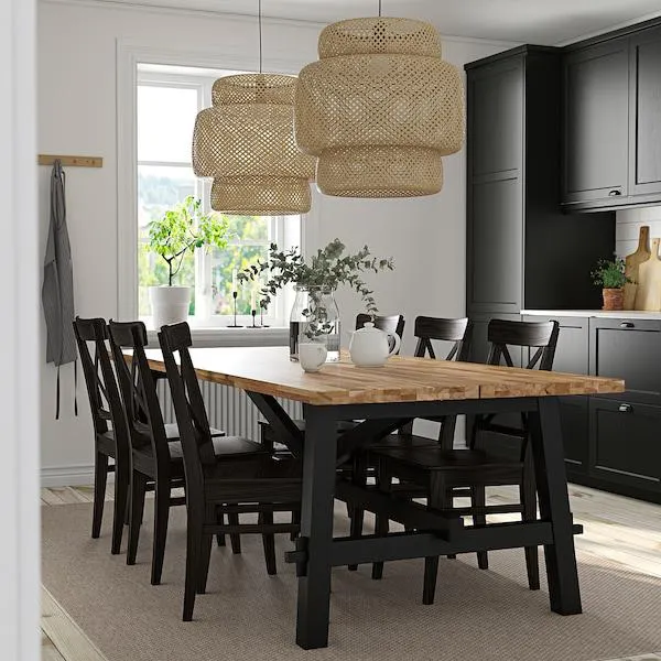 Table and 6 chairs, acacia/black,