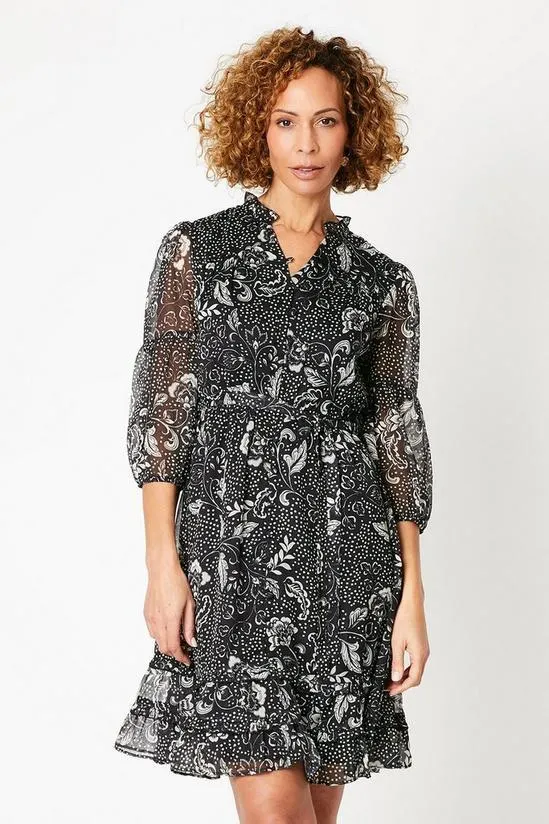 Printed Chiffon Frill Button Through Mini Dress