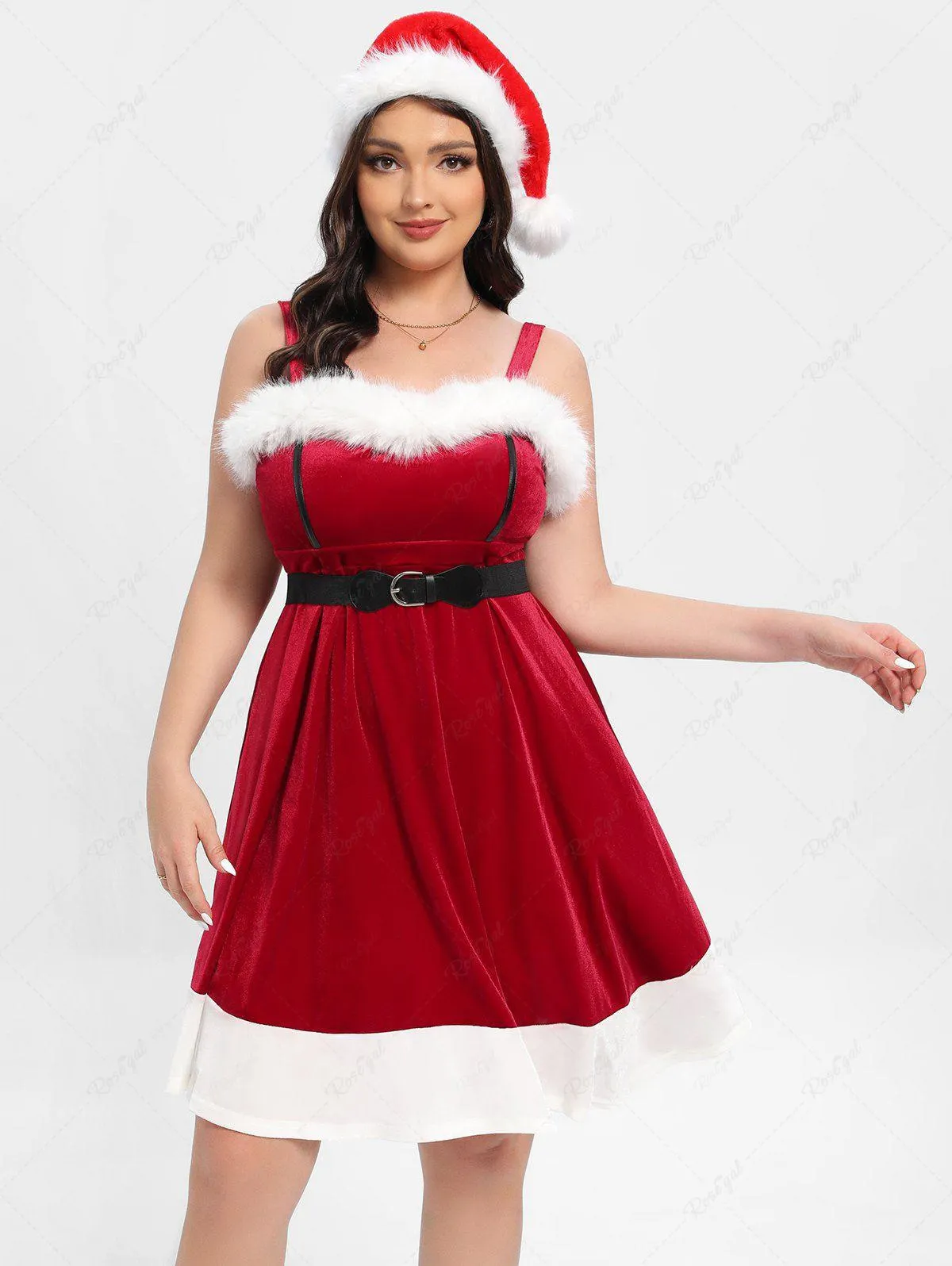 Plus Size Fuzzy Trim Bowknot Buckle Belt Two Tone Velvet Christmas Tank Dess - L | Us 12