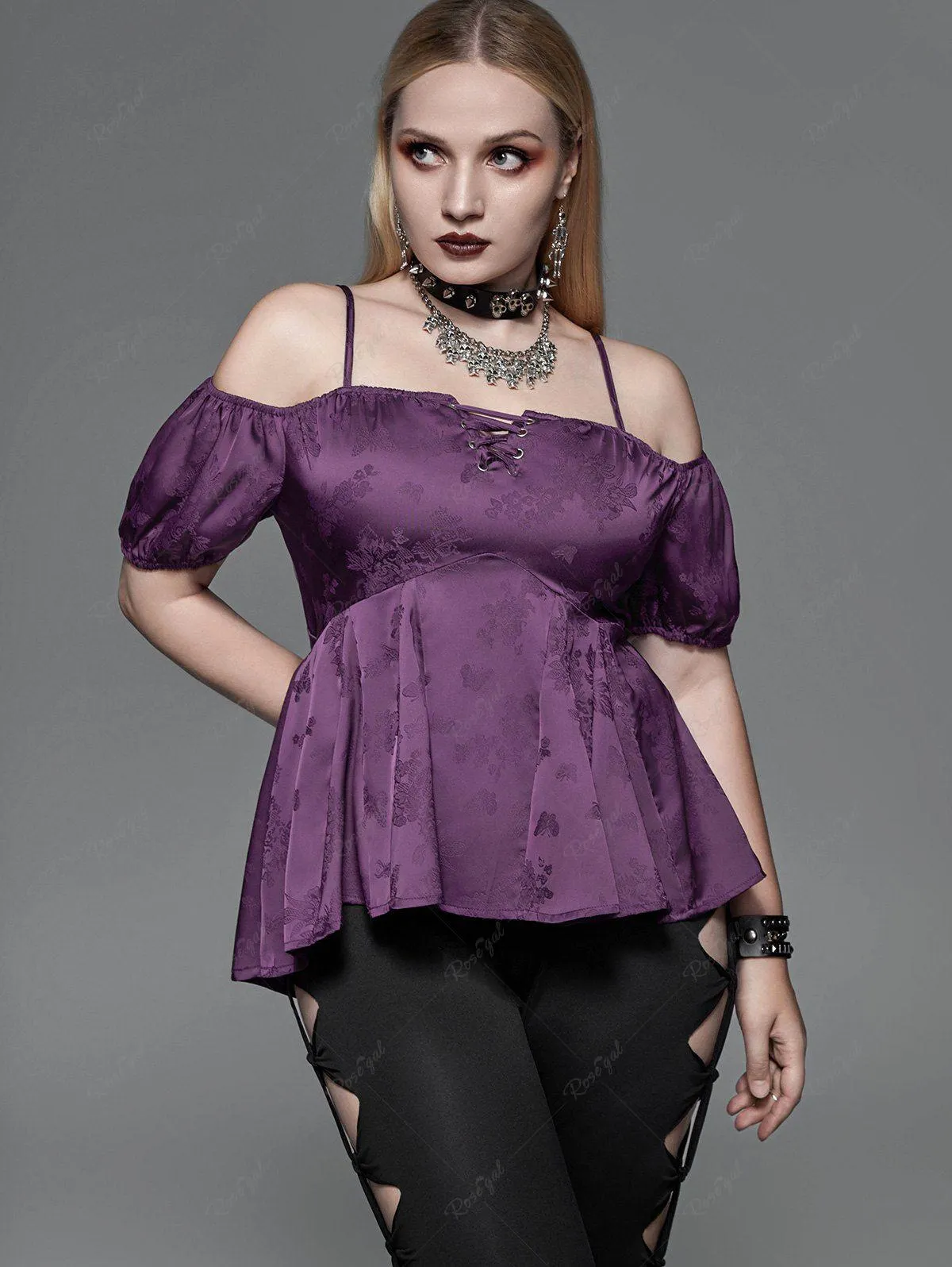 Gothic Floral Butterfly Embroidery Lace Up Cold Shoulder Top - 4x | Us 26-28