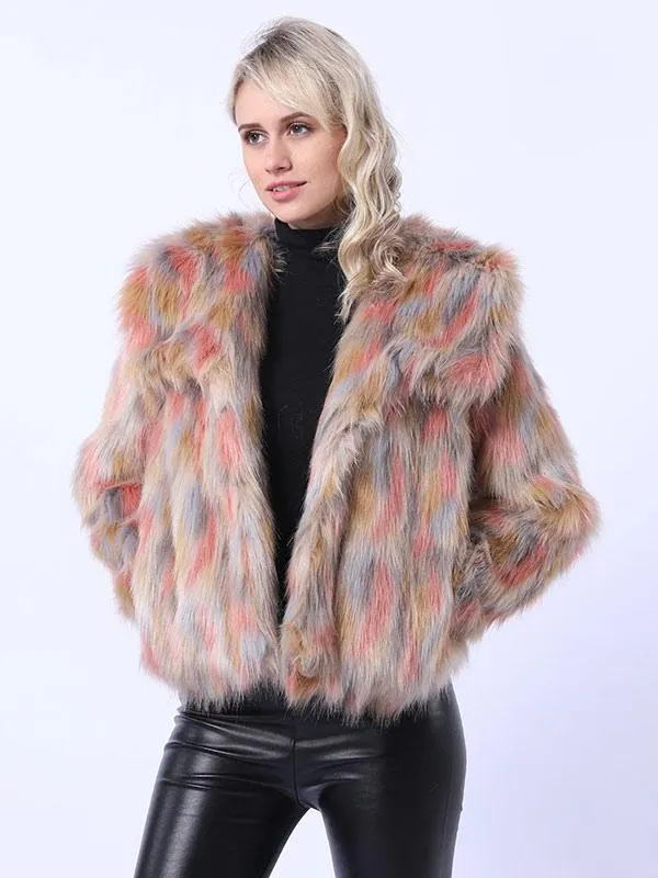 Faux Fur Coats As Image No Waistline Long Sleeves Color Block Irregular Front Button Women Coat