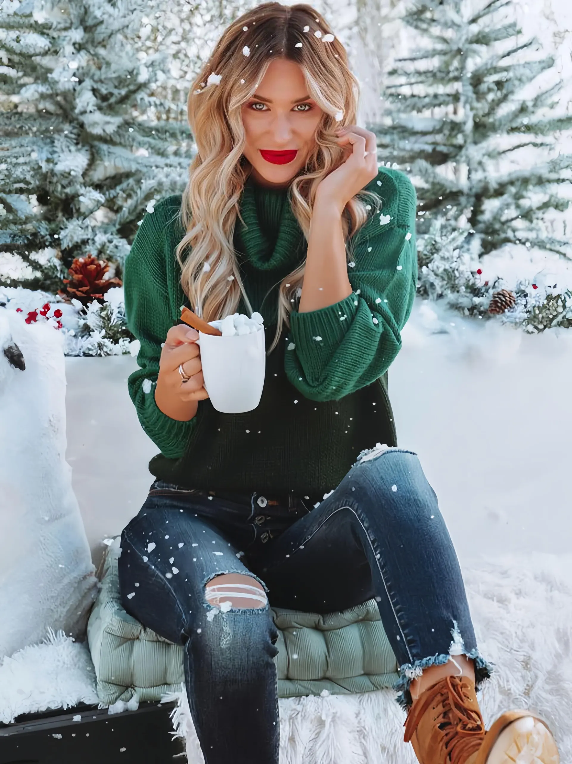 Women Pullover Sweater Rose Crochet Two-Tone Turtleneck Long Sleeves Oversized Acrylic Sweaters